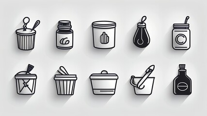 Poster - A collection of ten minimalist container icons with shadows on a white background display