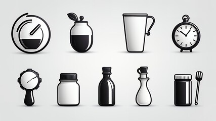 Poster - A collection of black and white vector icons featuring containers and time related instruments