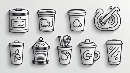 Poster - Collection of various stylized containers and receptacles in black outline on a white background