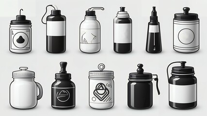 Poster - An array of ten black and white jars with different shapes and graphic designs on them isolated