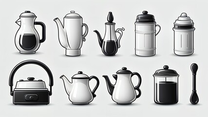 Poster - A collection of white and black kitchenware including teapots, a pot, and a spoon on a white background