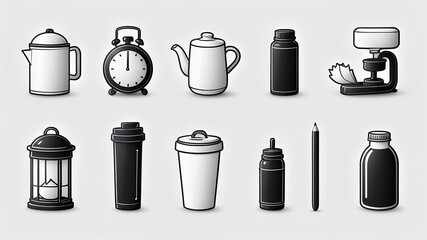 Poster - A collection of various black and white household objects arranged on a light gray background