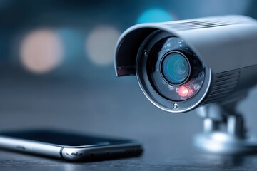 Poster - Close-up of a modern CCTV security camera with a glowing red light, positioned near a sleek smartphone on a textured surface, with blurred bokeh lights background.