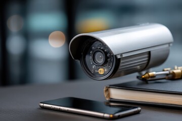 Poster - A modern security camera monitoring a smartphone and a book for safety measures, representing surveillance technology with digital safety and secure environment systems.