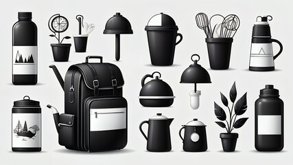 Poster - A collection of black and white objects including containers, plants, and a backpack arranged neatly