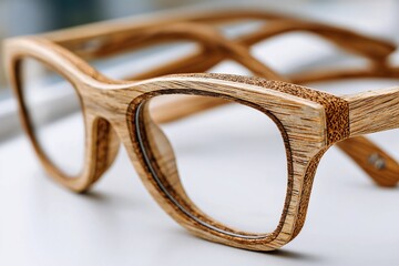 Poster - Close-up showcasing unique wooden eyeglasses with visible wood grain and texture, highlighting craftsmanship and design details with natural light and soft background.