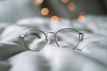 Poster - Close-up of stylish eyeglasses resting on a soft, wrinkled white fabric with blurred bokeh lights in the background, creating a cozy and modern aesthetic.
