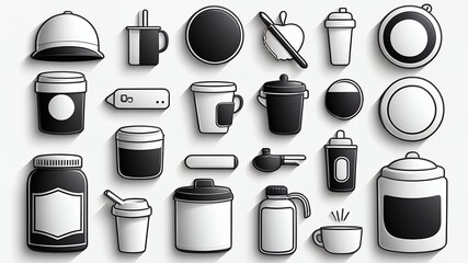Poster - A monochrome illustration of various containers and objects on a white background layout design