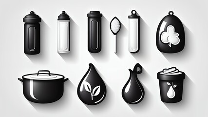 Poster - A collection of black and white stylized icons arranged on a white background with soft shadows