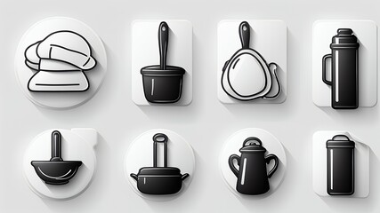 Poster - A collection of six kitchen themed icons featuring cookware and a chef's hat on white backgrounds