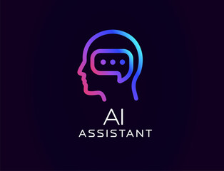 Aufkleber - AI assistant logo with human head silhouette and chat bubble inside, symbolizing communication and intelligence. Great for virtual agents, tech tools, smart UI. Vector illustration.