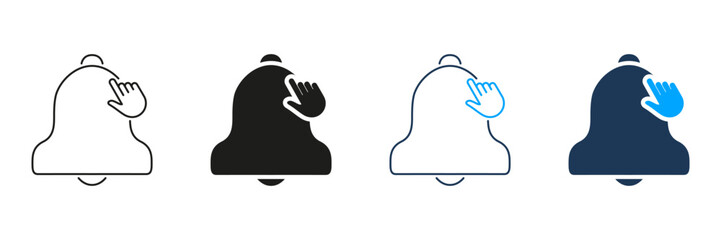 Fototapete - Bell Notification With Hand Gesture Line And Solid Icon Set. Alert Activation, Reminder, And Notification Management Outline And Silhouette Symbol Collection. Isolated Vector Illustration