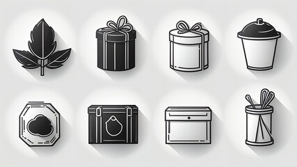 Poster - Collection of eight outlined black and white icons on a white background with shadows