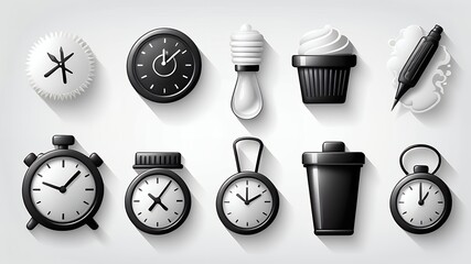 Poster - A collection of ten black and white icons arranged on a white surface with soft shadows cast below