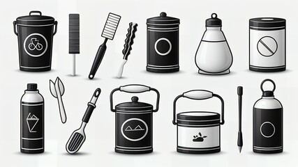 Poster - A collection of black and white containers and utensils arranged on a white background surface