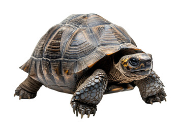 Poster - Tortoise moving slowly on a white background showcasing intricate shell patterns and textures in a natural pose