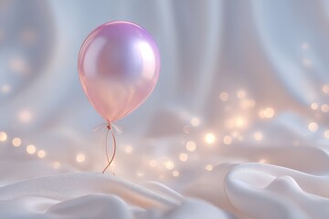 Poster - A dreamy balloon floating above soft white silk fabric with shimmering bokeh lights, creating a magical, ethereal, and festive atmosphere for any celebratory event.