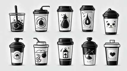 Poster - A collection of ten black and white coffee cups each with a unique and distinct design on them