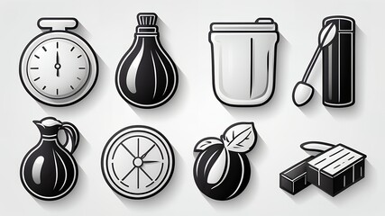 Poster - A monochrome illustration featuring kitchen and cosmetic items on a white background design