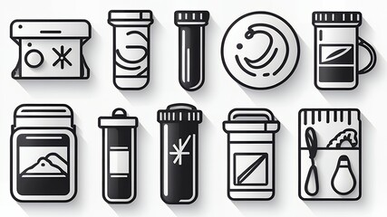 Poster - Collection of black and white outline icons of various containers and vessels on white background
