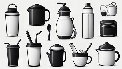 Poster - A collection of black and white kitchenware including mugs teapots and other containers artfully arranged