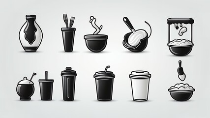 Poster - A collection of ten black and white food and drink related icons on a light gray background