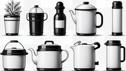 Poster - A collection of various black and white containers including teapots and a plant pot on white