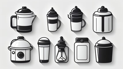 Poster - A collection of eight black and white kitchen containers with lids and handles on a white background