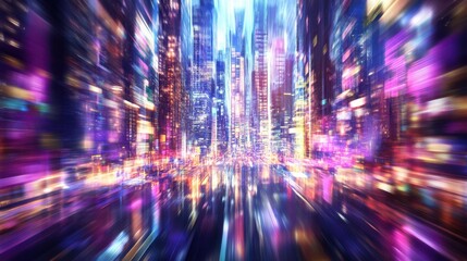 Wall Mural - Colorful night cityscape with vibrant lights and blurred motion