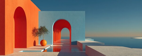 Poster - Abstract depiction of red arches with a coastal horizon under clear skies