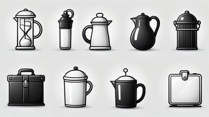 Poster - A collection of stylized black and white icons featuring various containers and a briefcase