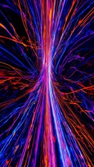 Poster - Abstract energetic light streams move vertically. Vivid blue, orange, purple lines burst outward. Dynamic flowing trails on dark space. Vertical presentation for visual media.