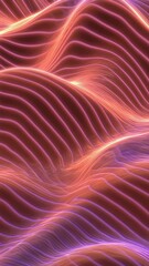 Poster - Abstract surface waves glowing with warm light. Undulating lines creating soft ridges in a landscape of purple and orange hues. Vertical video background.