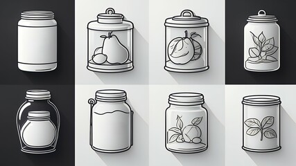 Poster - A collection of jars with fruits, plants, and words in a black and white illustration style