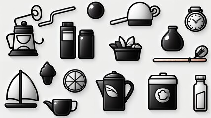 Poster - Collection of black and white stylized icons including kitchenware and other objects isolated