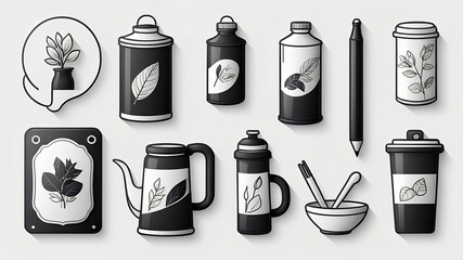 Poster - A collection of black and white illustrations featuring plants and various containers style objects
