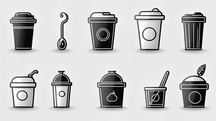 Poster - A collection of stylized coffee cups and a spoon in black and white vector illustration