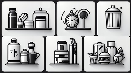 Poster - A collection of six stylized illustrations of household objects on shelves in black and white