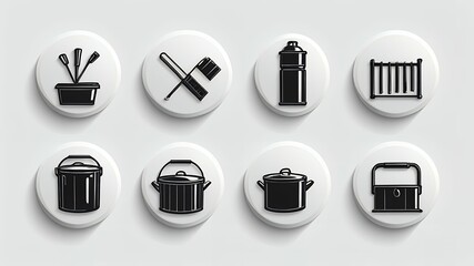 Poster - A collection of black and white icons featuring various household and outdoor related objects isolated