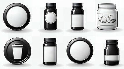 Poster - A collection of black and white containers with various symbols on a white background display