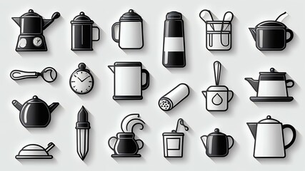 Poster - A collection of various kitchen and dining related icons in black and white on a white background