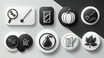 Poster - A collection of black and white icons featuring various objects on a gray and black background