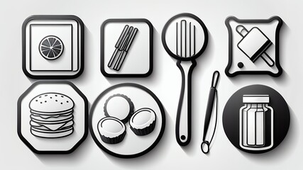 Poster - A collection of black and white icons featuring food items and kitchen utensils on white background