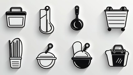 Poster - A collection of various outlined objects including baskets, a ladle and a plant on white background