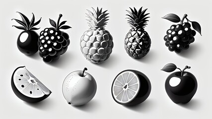 Poster - A monochrome still life featuring an assortment of fruits including pineapples and apples artfully arranged