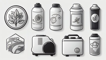 Poster - A collection of outlined products including bottles and machines on a white background art