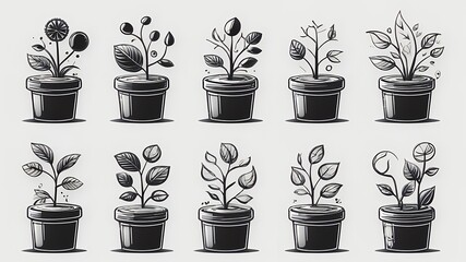 Poster - Ten potted plants with various leaf and flower designs in black and white illustration style