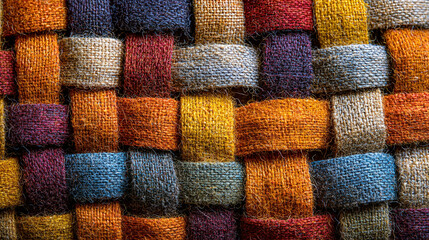 Poster - A close up view of a colorful woven textile pattern with interlaced strips of fabric texture design