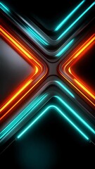 Poster - Abstract cross formed by glowing neon light lines in red, blue, and metallic gray on a dark background for modern designs.
