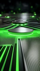 Poster - Futuristic technological interface with glowing green circuitry and metal elements for tech concepts